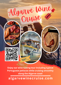 A flyer in red and white and images of ocean and sunset, a boat and wine