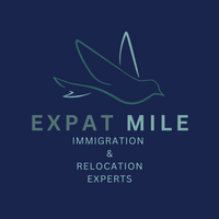 outline of dove, words expat mile immigration and relocation experts, blue background
